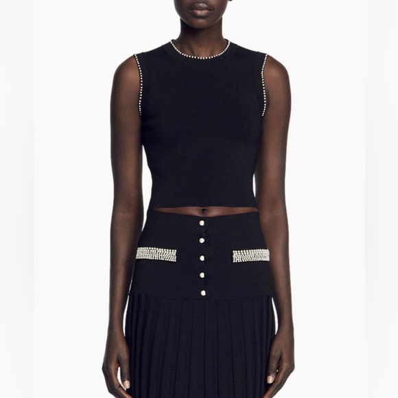 NWOT Sandro Gild Faux Pearl Embellished Knit Top--missing a few pearls (armhole) - Picture 2 of 11